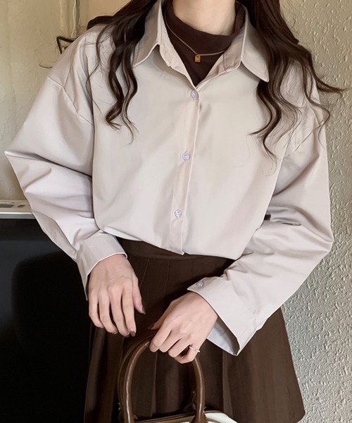 Girly Doll(ガーリードール)の「カラバリオーバーサイズシャツ(シャツ/ブラウス・レディース・ホワイト/ライトブルー/ブラウン/パープル/ベージュ/グリーン/ピンク/イエロー/オレンジ/ブルーパープル/ブルーグレー/モカ/ダークブルー・F)」の5枚目の写真