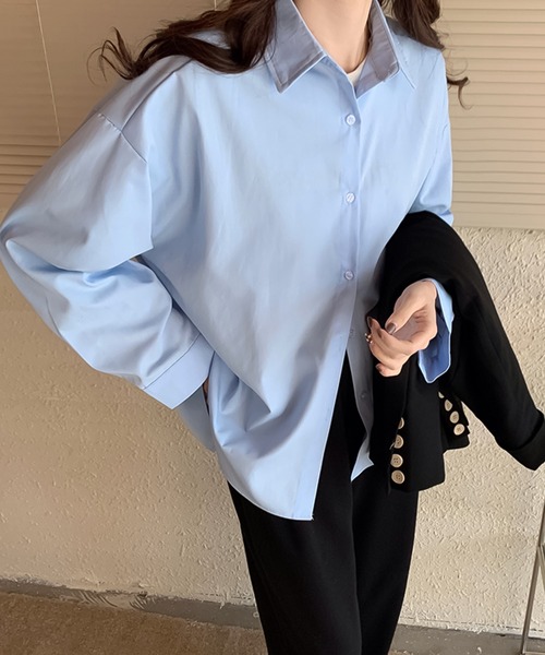 Girly Doll(ガーリードール)の「カラバリオーバーサイズシャツ(シャツ/ブラウス・レディース・ホワイト/ライトブルー/ブラウン/パープル/ベージュ/グリーン/ピンク/イエロー/オレンジ/ブルーパープル/ブルーグレー/モカ/ダークブルー・F)」の14枚目の写真