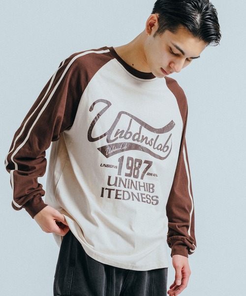 オーバーサイズ サイドラインロゴプリント 長袖ラグランTシャツ