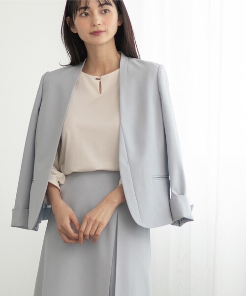 index（インデックス）の「◆セットアップ対応 リネンライクノーカラージャケット【洗える/イージーケア/アンチピリング/ストレッチ】（ノーカラージャケット・レディース・ライトグレー/ネイビー/ネイビー系5/ライトブルー・36/40/38/42）」の11枚目の写真