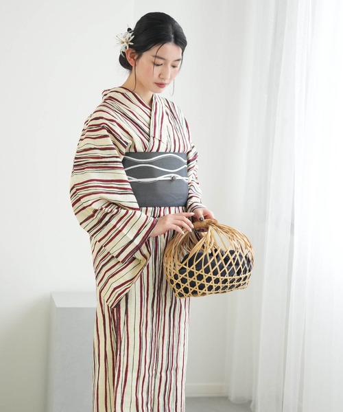 utatane 選べる浴衣3点セット ベージュ セール】選べる浴衣3点セット 綿麻 先染めベージュ 小袋帯（浴衣