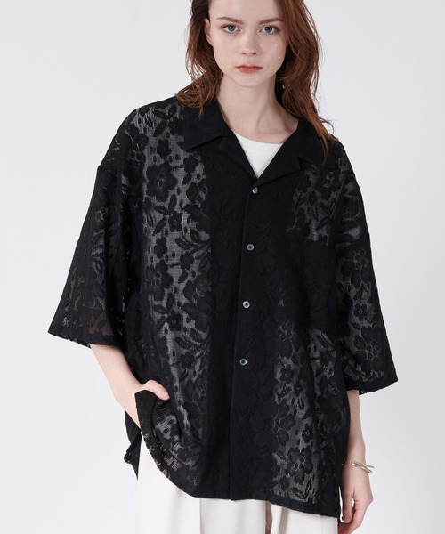 ♪新品　ボリューム　フラワー　レース　ジャケット シャツ　シアー　白　カーキ ロッキーモンロー Rocky Monroe シアーシャツ 半袖 開襟 レース
