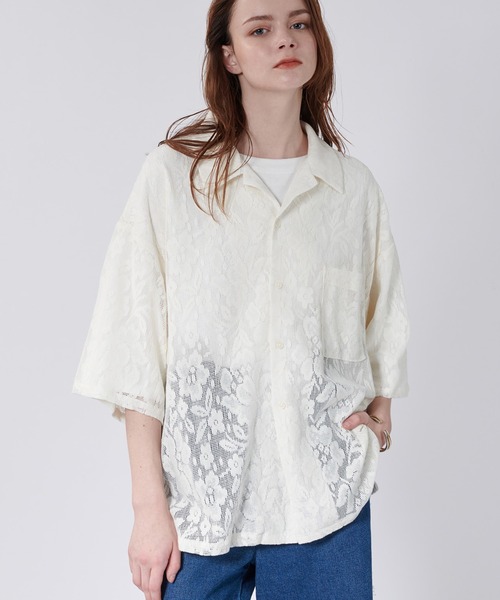 希少 キャロリーナ ヘレラ 花柄レースシャツブラウス White shirt M ONCILY（オンシェリー）の「FLOWER JACQUARD LACE SHEER SHIRT