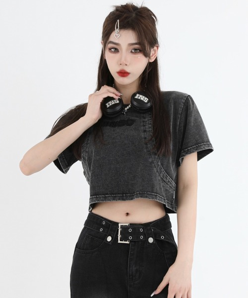 A'GEM9(エージェムナイン)の「A'GEM/9 × .kom『INSstudios/インスステュディオス』レイヤードクロップ 半袖カットソー(Tシャツ/カットソー・レディース・ライトグリーン/チャコールグレー・M/L)」の3枚目の写真