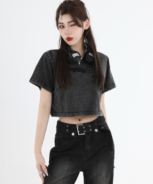 A'GEM9(エージェムナイン)の「A'GEM/9 × .kom『INSstudios/インスステュディオス』レイヤードクロップ 半袖カットソー(Tシャツ/カットソー・レディース・ライトグリーン/チャコールグレー・M/L)」の5枚目の写真