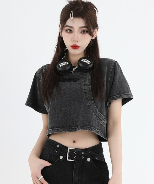 A'GEM9(エージェムナイン)の「A'GEM/9 × .kom『INSstudios/インスステュディオス』レイヤードクロップ 半袖カットソー(Tシャツ/カットソー・レディース・ライトグリーン/チャコールグレー・M/L)」の7枚目の写真