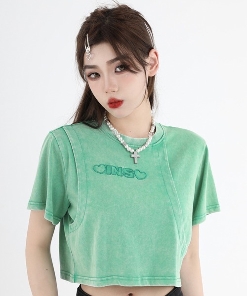 A'GEM9(エージェムナイン)の「A'GEM/9 × .kom『INSstudios/インスステュディオス』レイヤードクロップ 半袖カットソー(Tシャツ/カットソー・レディース・ライトグリーン/チャコールグレー・M/L)」の11枚目の写真