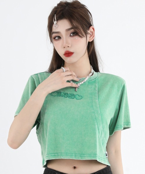 A'GEM9(エージェムナイン)の「A'GEM/9 × .kom『INSstudios/インスステュディオス』レイヤードクロップ 半袖カットソー(Tシャツ/カットソー・レディース・ライトグリーン/チャコールグレー・M/L)」の12枚目の写真