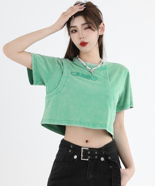 A'GEM9(エージェムナイン)の「A'GEM/9 × .kom『INSstudios/インスステュディオス』レイヤードクロップ 半袖カットソー(Tシャツ/カットソー・レディース・ライトグリーン/チャコールグレー・M/L)」の13枚目の写真
