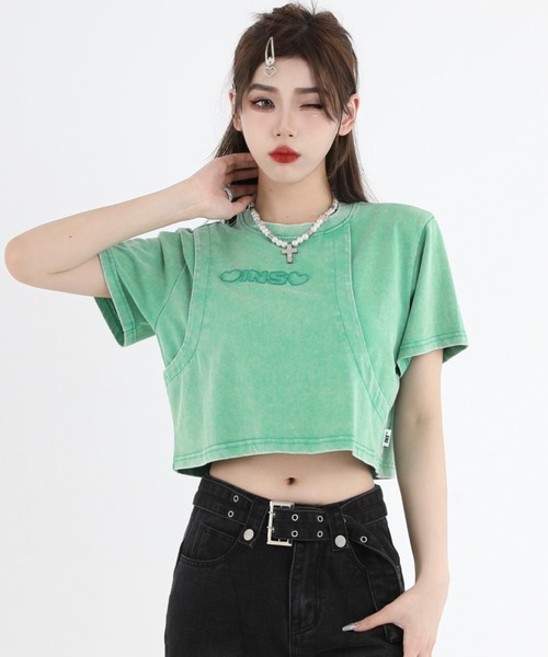 A'GEM9(エージェムナイン)の「A'GEM/9 × .kom『INSstudios/インスステュディオス』レイヤードクロップ 半袖カットソー(Tシャツ/カットソー・レディース・ライトグリーン/チャコールグレー・M/L)」の15枚目の写真