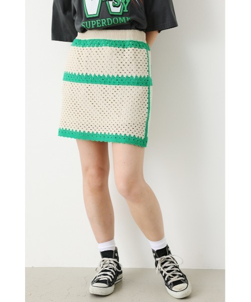 RODEO CROWNS WIDE BOWL（ロデオクラウンズワイドボウル）の「クロシェミニスカート（スカート・レディース・ライトパープル/レッド/アイボリー・FREE）」の6枚目の写真