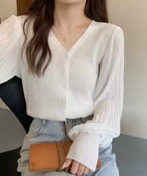 異素材スリーブVネックニットトップス