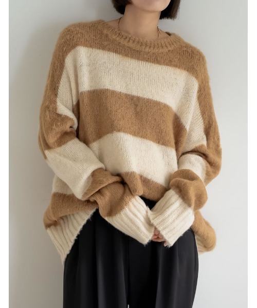 Re:EDIT（リエディ）の「起毛シャギーボーダーニットトップス（ニット/セーター・レディース・キャメル/レッド/ネイビー/ホワイト・MEDIUM/LARGE）」の3枚目の写真