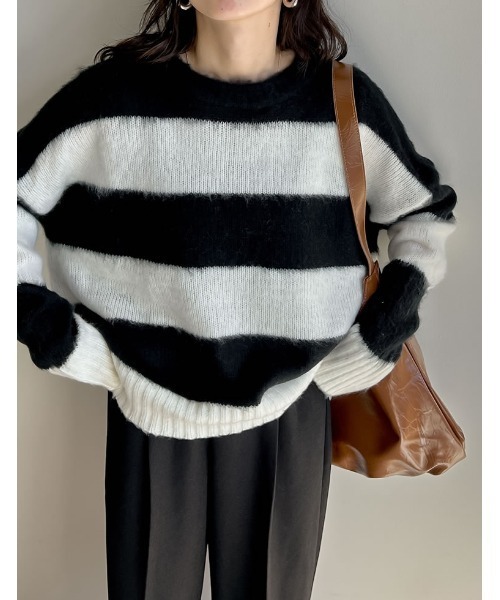 Re:EDIT（リエディ）の「起毛シャギーボーダーニットトップス（ニット/セーター・レディース・キャメル/レッド/ネイビー/ホワイト・MEDIUM/LARGE）」の2枚目の写真