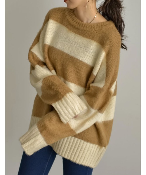 Re:EDIT（リエディ）の「起毛シャギーボーダーニットトップス（ニット/セーター・レディース・キャメル/レッド/ネイビー/ホワイト・MEDIUM/LARGE）」の5枚目の写真