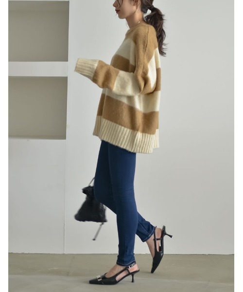 Re:EDIT（リエディ）の「起毛シャギーボーダーニットトップス（ニット/セーター・レディース・キャメル/レッド/ネイビー/ホワイト・MEDIUM/LARGE）」の9枚目の写真