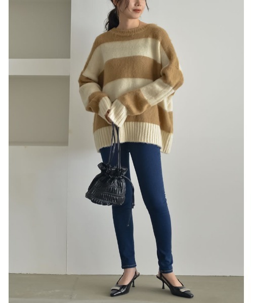 Re:EDIT（リエディ）の「起毛シャギーボーダーニットトップス（ニット/セーター・レディース・キャメル/レッド/ネイビー/ホワイト・MEDIUM/LARGE）」の8枚目の写真