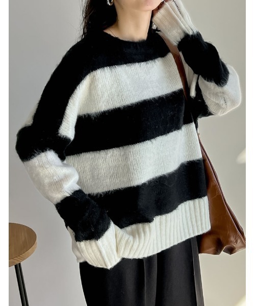 Re:EDIT（リエディ）の「起毛シャギーボーダーニットトップス（ニット/セーター・レディース・キャメル/レッド/ネイビー/ホワイト・MEDIUM/LARGE）」の21枚目の写真