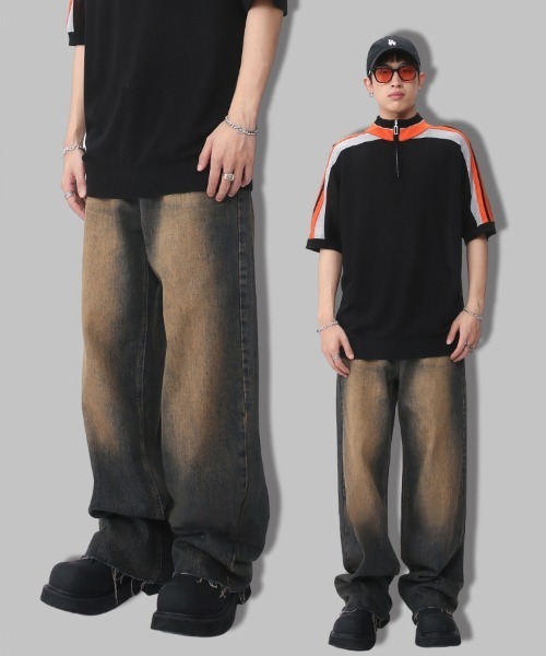 ダメージ加工ワイドストレートデニムパンツ Mサイズ ルーズシルエット ダメージ加工ワイドストレートデニムパンツ