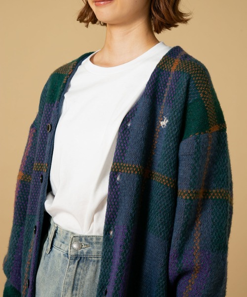 カーディガン 「BEVERLY HILLS POLO CLUB/ビバリーヒルズポロクラブ 」モヘアタッチ柄　ニット　カーディガン　チェック　ワンポイン BEVERLY HILLS POLO CLUB カーディガン 「BEVERLY CLUB