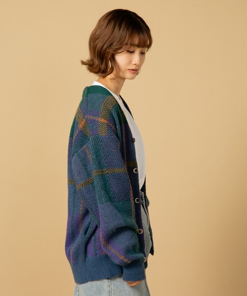 カーディガン 「BEVERLY HILLS POLO CLUB/ビバリーヒルズポロクラブ 」モヘアタッチ柄　ニット　カーディガン　チェック　ワンポイン BEVERLY HILLS POLO CLUB/ビバリーヒルズポロクラブ 】モヘア