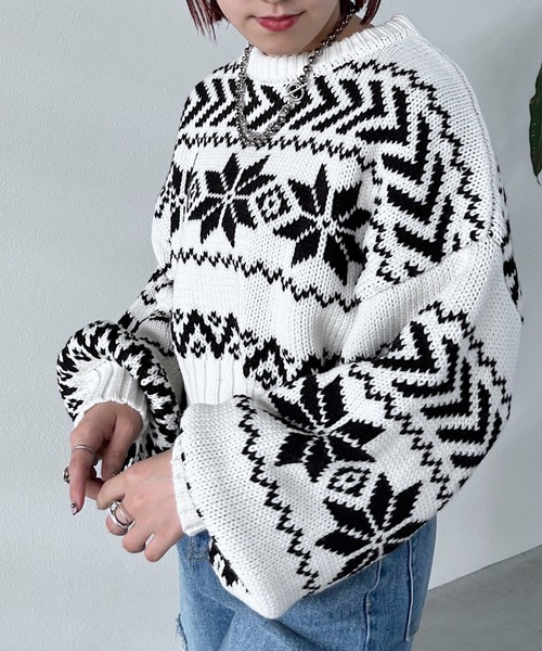 PAGEBOY（ページボーイ）の「ノルディックショートプルオーバー（ニット/セーター・レディース・ホワイト/ブラック・FREE）」の5枚目の写真