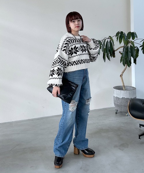 PAGEBOY（ページボーイ）の「ノルディックショートプルオーバー（ニット/セーター・レディース・ホワイト/ブラック・FREE）」の9枚目の写真