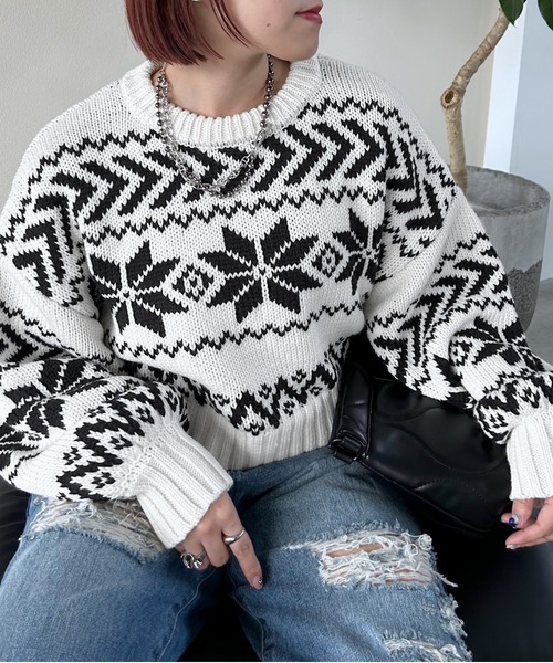 PAGEBOY（ページボーイ）の「ノルディックショートプルオーバー（ニット/セーター・レディース・ホワイト/ブラック・FREE）」の3枚目の写真