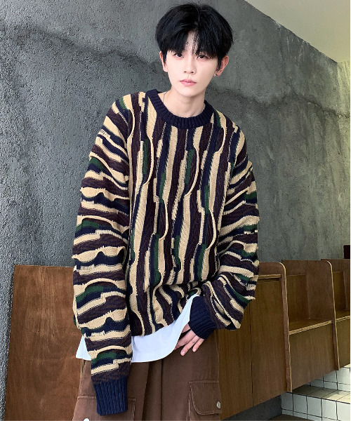 【セール】【neos -addictive design-】ルーズシルエット マルチカラー ジャガード レトロ クルーネック ニット プルオーバー（ニット/セーター）｜neos（ネオス） 5,643円