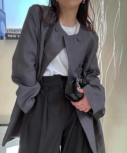 ULEULA（ウルア）の「タートルニット付きノーカラーミディアムコート/スプリングコート（ノーカラーコート・レディース・ブラック/チャコールグレー/カーキ・FREE）」の2枚目の写真