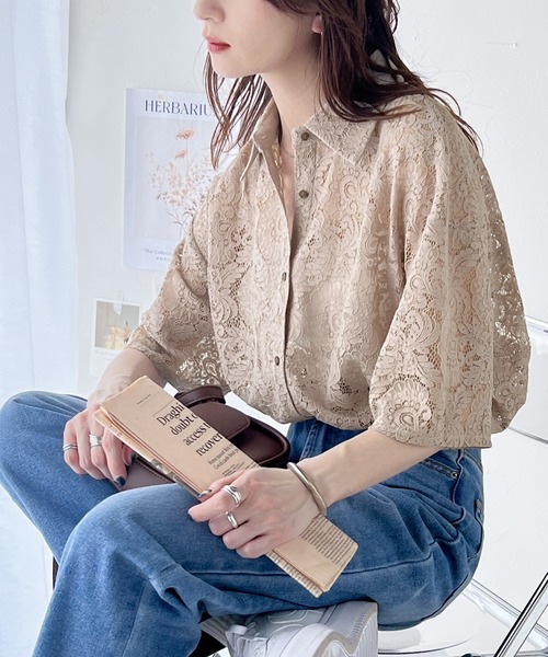 セール】大人の透け感。半袖レースブラウス（シャツ/ブラウス