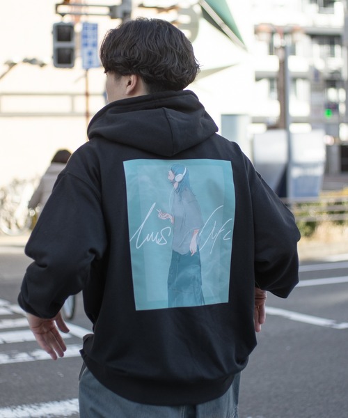 Revo.（レボ）の「ガールイラスト バックプリント オーバーサイズ 裏毛 プルオーバーパーカー ワンポイント刺繍（パーカー・メンズ・ライトブルー/ブラック/オフホワイト・L/M）」の22枚目の写真