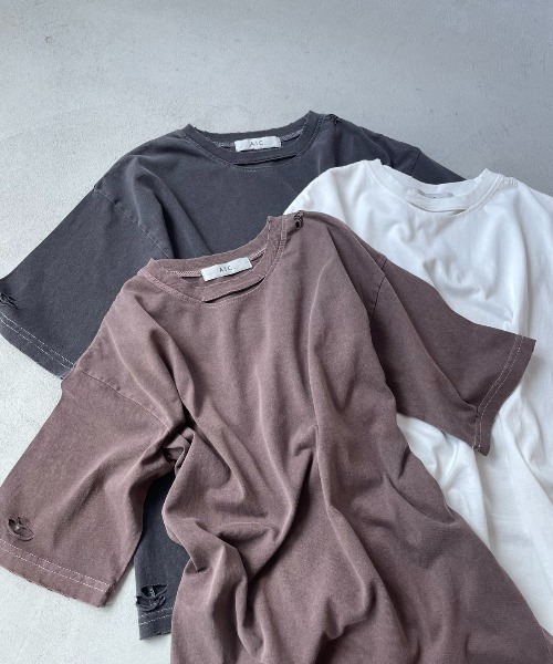 AIC.（エーアイシー）の「ピグメント加工カットアウトダメージTシャツ（Tシャツ/カットソー・レディース・チャコールグレー/オフホワイト/ネイビー/ブラウン・FREE）」の14枚目の写真