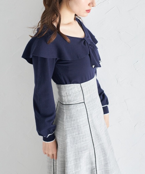 tocco closet(トッコ クローゼット)の「ツイードパイピングハイウエストスカート(スカート・レディース・ブラック/ライトグレー・M)」の4枚目の写真