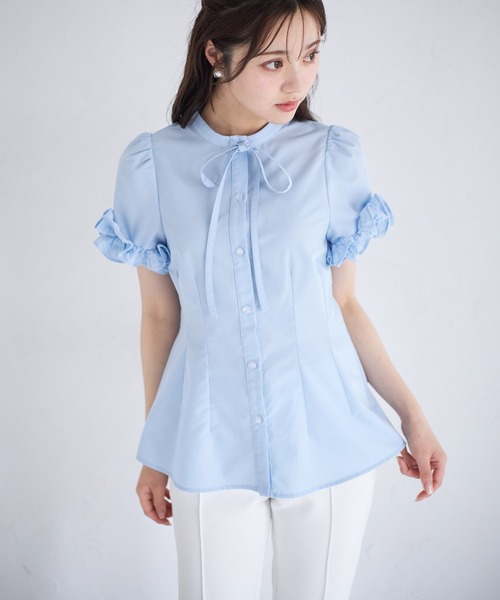 tocco closet（トッコ　クローゼット）の「コットンライクホイップフリルボウタイリボンブラウス（シャツ/ブラウス・レディース・ライトブルー/オフホワイト/ブラック・M）」の3枚目の写真