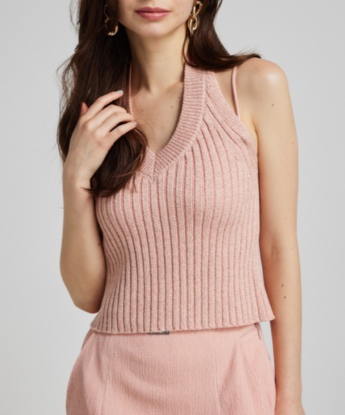セール】ホルターネッククロップドニットトップス 夏服 サマー