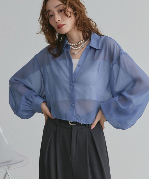 ad thie（アドティエ）の「シアーショート丈シャツ（シャツ/ブラウス・レディース・ライトグレー/ピンク/ブルー/ブラック/ライトブルー/ライトピンク/オフホワイト/ダークブラウン/ブルー系・FREE）」の7枚目の写真