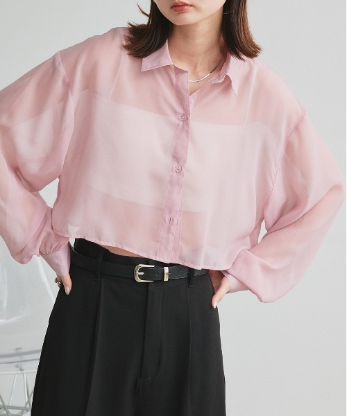 ad thie(アドティエ)の「シアーショート丈シャツ(シャツ/ブラウス・レディース・ライトグレー/ピンク/ブルー/ブラック/ライトブルー/ライトピンク/オフホワイト・FREE)」の7枚目の写真