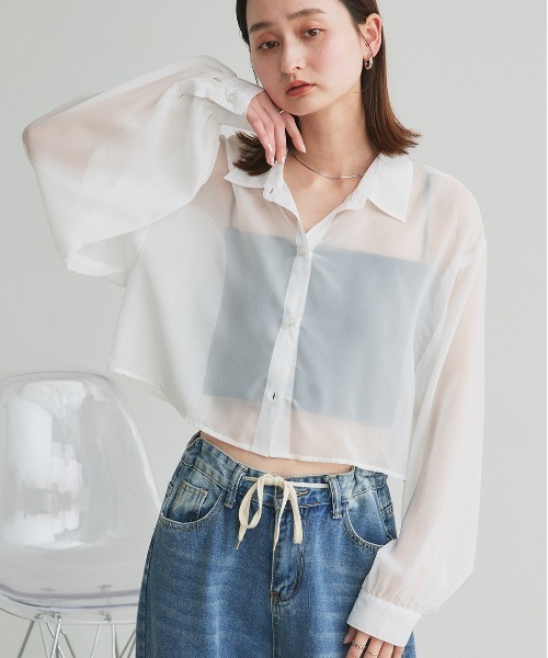 ad thie(アドティエ)の「シアーショート丈シャツ(シャツ/ブラウス・レディース・ライトグレー/ピンク/ブルー/ブラック/ライトブルー/ライトピンク/オフホワイト・FREE)」の2枚目の写真