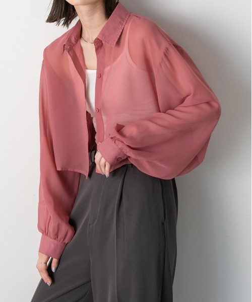 ad thie(アドティエ)の「シアーショート丈シャツ(シャツ/ブラウス・レディース・ライトグレー/ピンク/ブルー/ブラック/ライトブルー/ライトピンク/オフホワイト・FREE)」の6枚目の写真