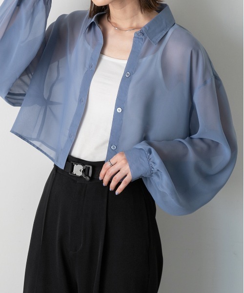 ad thie(アドティエ)の「シアーショート丈シャツ(シャツ/ブラウス・レディース・ライトグレー/ピンク/ブルー/ブラック/ライトブルー/ライトピンク/オフホワイト・FREE)」の5枚目の写真