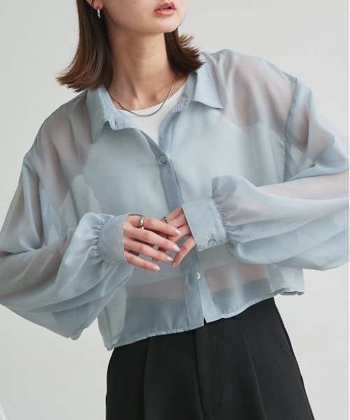ad thie(アドティエ)の「シアーショート丈シャツ(シャツ/ブラウス・レディース・ライトグレー/ピンク/ブルー/ブラック/ライトブルー/ライトピンク/オフホワイト・FREE)」の4枚目の写真