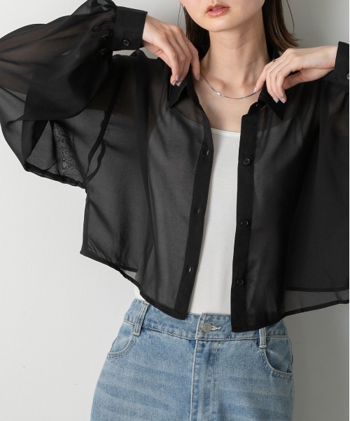 ad thie(アドティエ)の「シアーショート丈シャツ(シャツ/ブラウス・レディース・ライトグレー/ピンク/ブルー/ブラック/ライトブルー/ライトピンク/オフホワイト・FREE)」の1枚目の写真