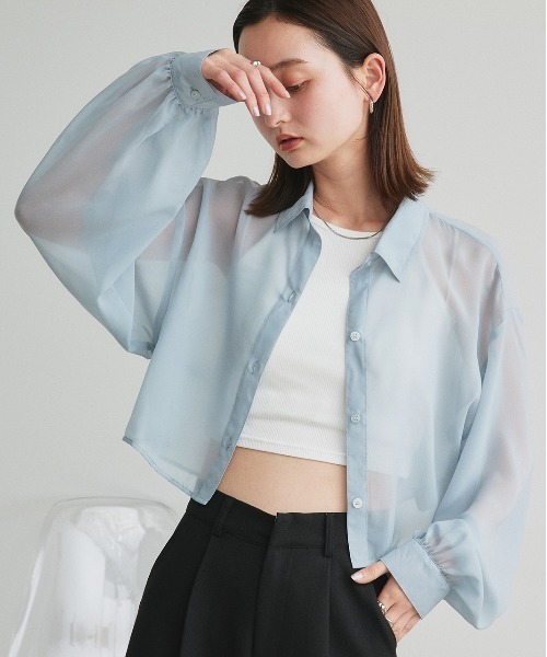 ad thie(アドティエ)の「シアーショート丈シャツ(シャツ/ブラウス・レディース・ライトグレー/ピンク/ブルー/ブラック/ライトブルー/ライトピンク/オフホワイト・FREE)」の14枚目の写真