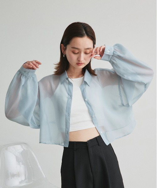 ad thie(アドティエ)の「シアーショート丈シャツ(シャツ/ブラウス・レディース・ライトグレー/ピンク/ブルー/ブラック/ライトブルー/ライトピンク/オフホワイト・FREE)」の15枚目の写真