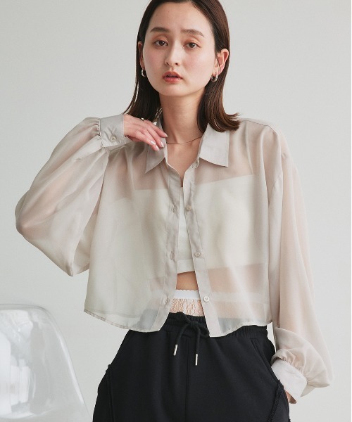 ad thie(アドティエ)の「シアーショート丈シャツ(シャツ/ブラウス・レディース・ライトグレー/ピンク/ブルー/ブラック/ライトブルー/ライトピンク/オフホワイト・FREE)」の9枚目の写真