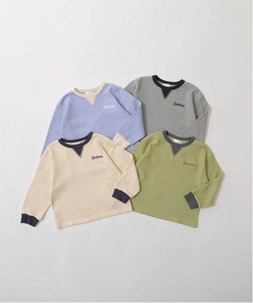 b・ROOM(ビールーム)の「【ふわふワッフル】バイカラートップス(Tシャツ/カットソー・キッズ・ライトカーキ/アイボリー/ブルーグレー/トップグレー・100cm/110cm/120cm/130cm/140cm/150cm)」の5枚目の写真