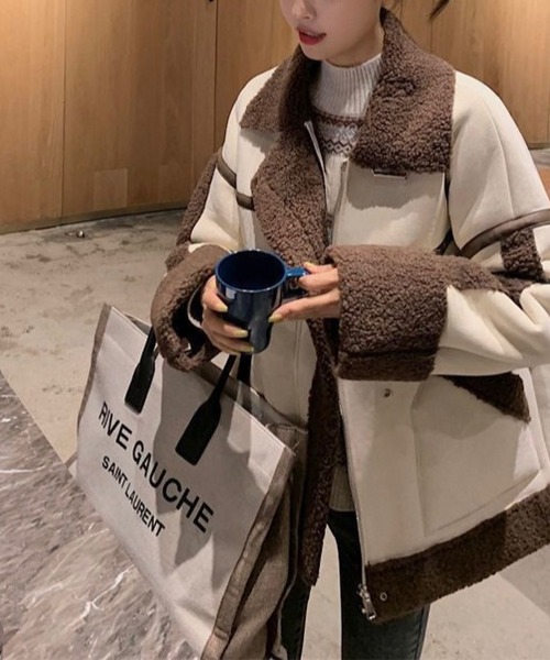 THISIS（ディスイズ）の「配色フェイクムートンボアジャケット（ムートンコート・レディース・ブラウン/ブラック・MEDIUM/LARGE）」の2枚目の写真