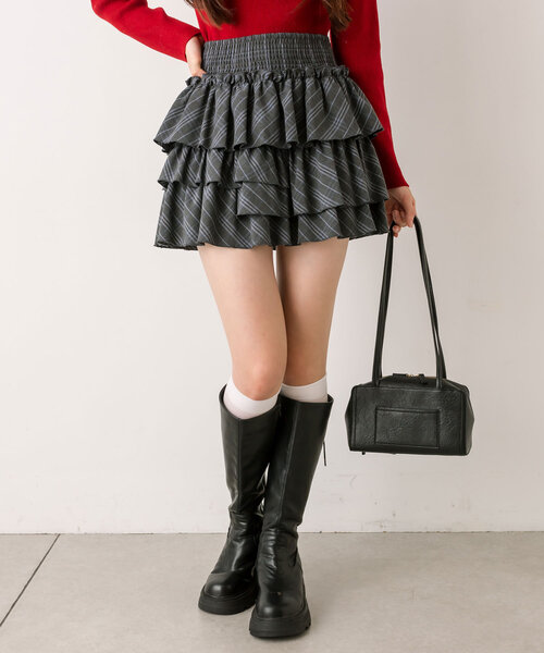 OLIVE des OLIVE（オリーブデオリーブ）の「フリルミニティアードスカート（スカート・レディース・オフホワイト/チェック/チャコールグレー/グレイッシュベージュ・FREE）」の17枚目の写真