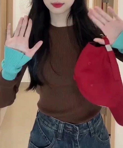 CELENA BEATS(セレナビーツ)の「Y2Kコントラスト袖配色リブニットセーター(ニット/セーター・レディース・ブラック/ブラウン/グレー・FREE)」の18枚目の写真